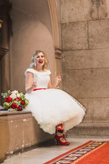 Retro Off the Shoulder Polka Dot Tulle 50s Style Tea Length Wedding Dress,20081635-Dolly Gown