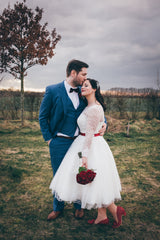 Affordable Retro Style 50s Polka Dots Tea Length Wedding Gown with Long Lace Appliques Cuff Sleeves, 20082801 - DollyGown