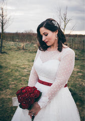 Affordable Retro Style 50s Polka Dots Tea Length Wedding Gown with Long Lace Appliques Cuff Sleeves, 20082801 - DollyGown