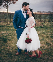 Affordable Retro Style 50s Polka Dots Tea Length Wedding Gown with Long Lace Appliques Cuff Sleeves, 20082801 - DollyGown