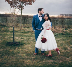 Affordable Retro Style 50s Polka Dots Tea Length Wedding Gown with Long Lace Appliques Cuff Sleeves, 20082801 - DollyGown