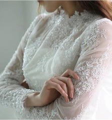 Retro Style Long Sleeve Lace Tulle Full Circle Tea Length Wedding Dress,20082220-Dolly Gown