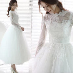 Retro Style Long Sleeve Lace Tulle Full Circle Tea Length Wedding Dress,20082220-Dolly Gown