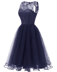Retro Modest Navy Blue Lace Tulle Cocktail Dress Short Vintage Homecoming Dress, 074N-Dolly Gown