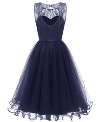 Retro Modest Navy Blue Lace Tulle Cocktail Dress Short Vintage Homecoming Dress, 074N-Dolly Gown