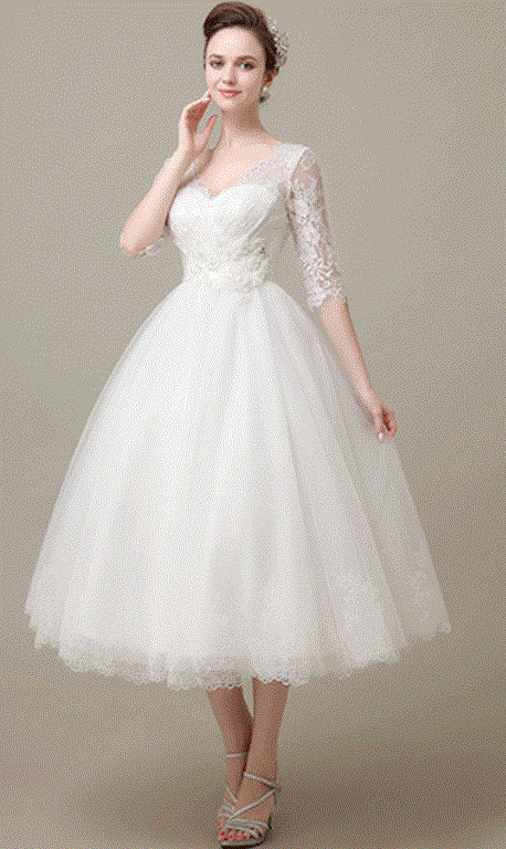 Retro inspired Long Sleeved Lace Wedding Dress Tea Length Pinup Rockabilly Style Bridal Gown