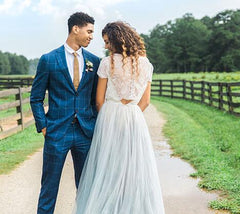 Casual Country Style Lace Top Two Piece Wedding Dress with Tulle Skirt Bridal Separates,20082221-Dolly Gown