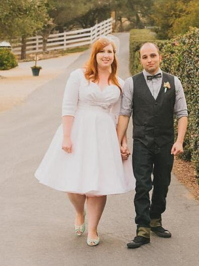 Rockabilly Plus Size Long Sleeve Tea Length Audrey Hepburn 50s Style Wedding Dress 20102821-Dolly Gown