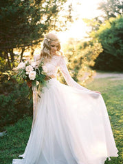 Romantic Boho Flowy Long Sleeve Lace Crop Top Bridal Separates with Chiffon Skirt,20082563-Dolly Gown