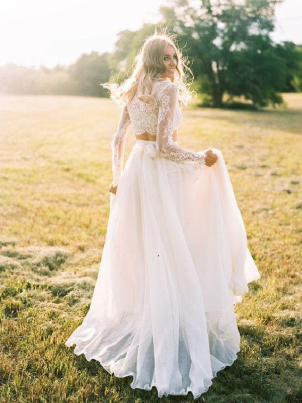 Romantic Boho Flowy Long Sleeve Lace Crop Top Bridal Separates with Chiffon  Skirt