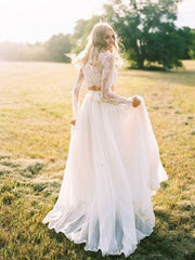 Romantic Boho Flowy Long Sleeve Lace Crop Top Bridal Separates with Chiffon Skirt,20082563-Dolly Gown