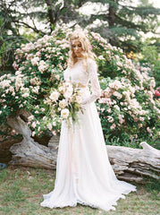 Romantic Boho Flowy Long Sleeve Lace Crop Top Bridal Separates with Chiffon Skirt,20082563-Dolly Gown