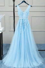 Romantic Tulle Lace V Back Sky Blue See Through Prom Dress Formal Dress #21111222-Dolly Gown