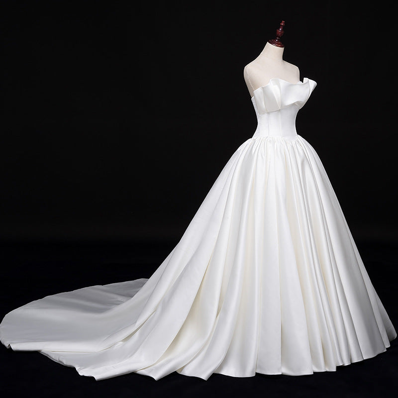 Romantic Unique Satin Ball Gown Cathedral Train Wedding Dress with Long Train #21011205-Dolly Gown
