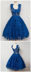 Royal Blue Lace Vintage Style Short Prom Dress Vintage Homecoming Dress #21011219-Dolly Gown