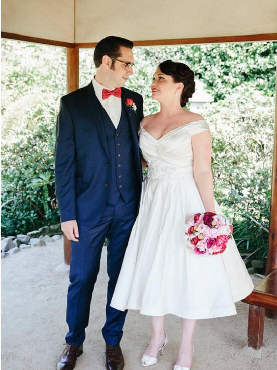 Ruched Off the Shoulder 50s Simple Vintage Country Style Tea Length Wedding Dress,20101618-Dolly Gown