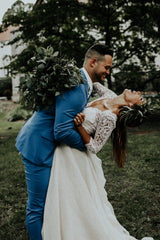 Rustic Boho Lace Top Bridal Separates with 3/4 Sleeves casual boho Two Piece wedding dresses,20081602-Dolly Gown