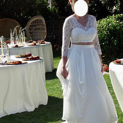 Rustic Boho Lace Top Bridal Separates with 3/4 Sleeves casual boho Two Piece wedding dresses,20081602-Dolly Gown