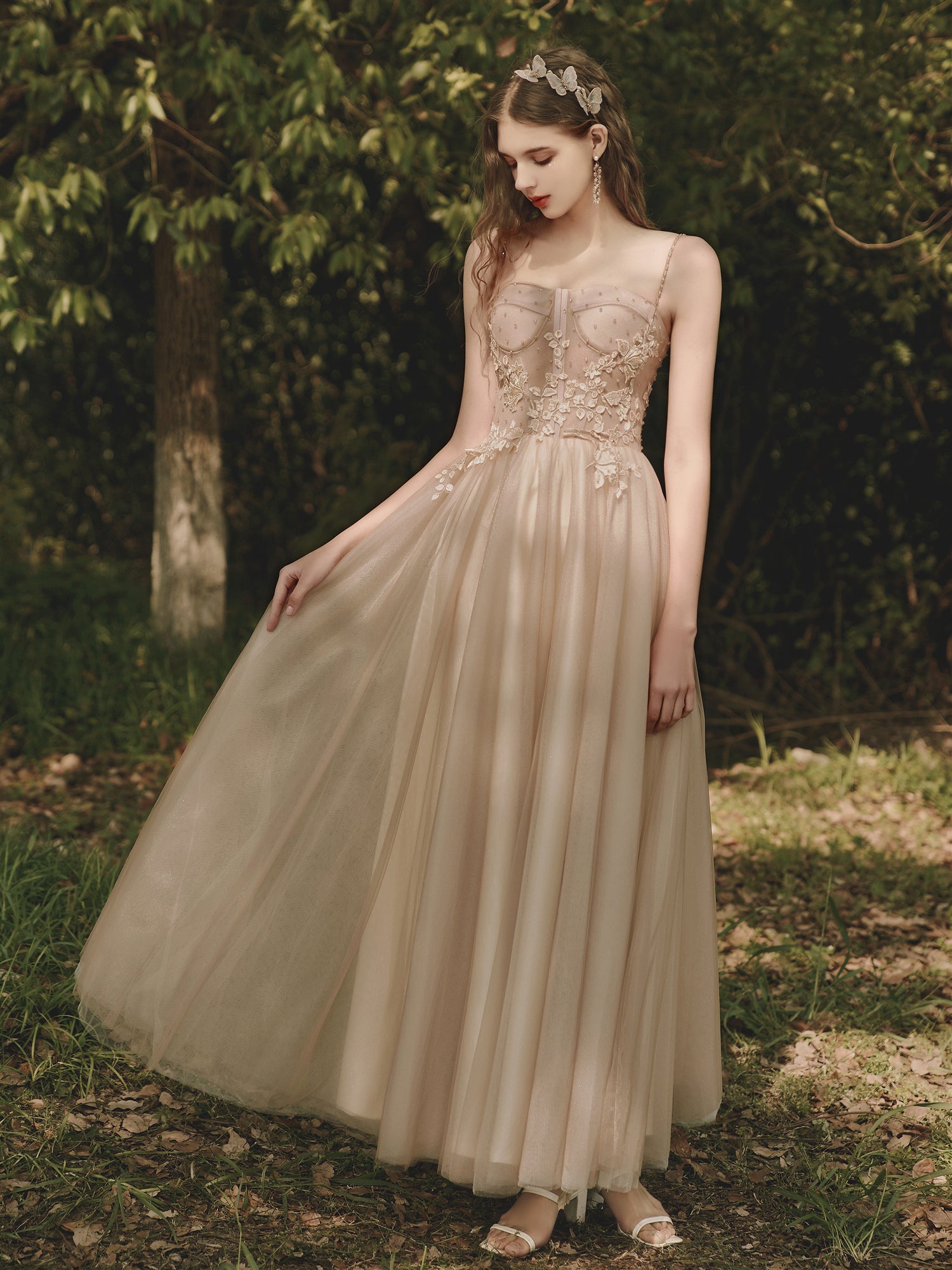 Rustic Champagne Flowy Prom Dress Long Wedding Dress Rustic Champagne Flowy Prom Dress Long Wedding Dress
