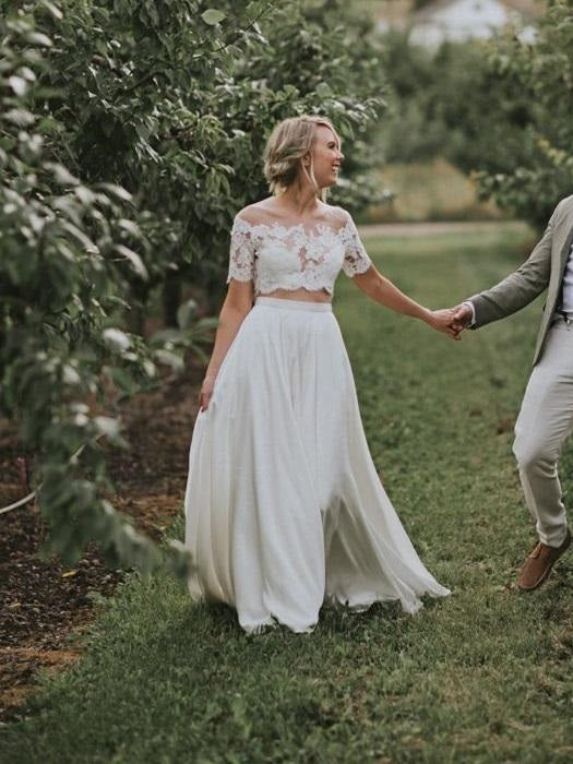 Rustic Sleeve Lace Crop Top 2 Piece Wedding Dress with Chiffon Skirt and  Pockets