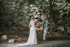 Rustic Sleeve Lace Crop Top 2 Piece Wedding Dress with Chiffon Skirt with Pockets,20081504-Dolly Gown