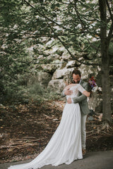 Rustic Sleeve Lace Crop Top 2 Piece Wedding Dress with Chiffon Skirt with Pockets,20081504-Dolly Gown