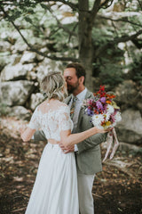 Rustic Sleeve Lace Crop Top 2 Piece Wedding Dress with Chiffon Skirt with Pockets,20081504-Dolly Gown
