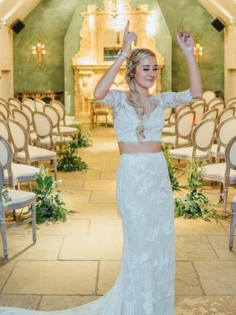 Rustic Long Sleeve Lace Two Piece Wedding Dress Crop Top with court train,081502-Dolly Gown