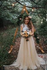 Rustic Casual Lace Crop Top Two Piece Wedding Dress Bridal Separtes with Nude Skirt,20082343-Dolly Gown