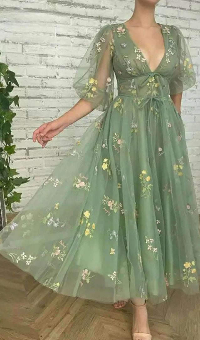 Sage Green Ankle Length Lace Prom Dress with Bubble Sleeves - DollyGown