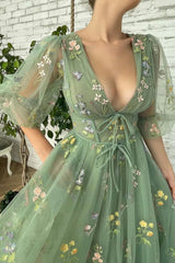 Sage Green Ankle Length Lace Prom Dress with Bubble Sleeves - DollyGown