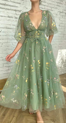 Sage Green Ankle Length Lace Prom Dress with Bubble Sleeves - DollyGown