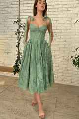 Sage Green Tea Length Lace Corset Wedding Guest Dress Prom Dress - DollyGown