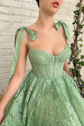 Sage Green Tea Length Lace Corset Wedding Guest Dress Prom Dress - DollyGown