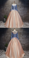 Scoop Neck Blush Pink Ball Gown Prom Dress with Sleeves - Dollygown