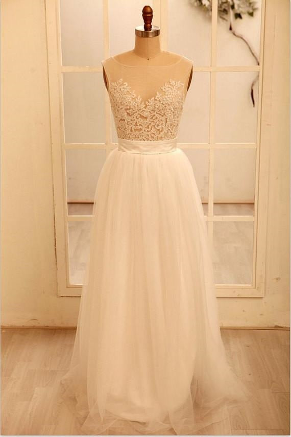 See Through Lace Top Wedding Dress Tulle Wedding Dress Sexy Bridal Gown,WS055-Dolly Gown