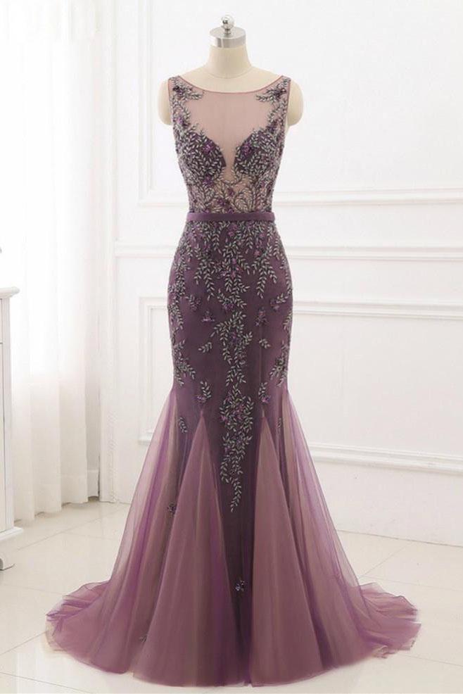 See Through Plum Mermaid Formal Evening Dress - DollyGown