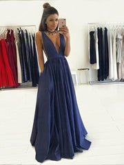 Sexy Blue Simple Formal Prom Dress with Pockets Long Evening Dress in Deep V Neck,18021603-Dolly Gown