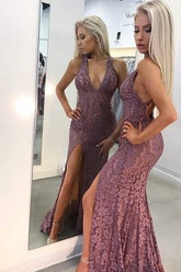 Sexy Lace Deep V-neck Mermaid Prom Dress with Side Slit Tight Prom Dress for Black Girl,20081613-Dolly Gown
