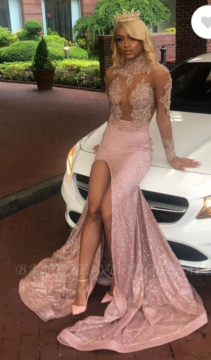 Sexy Dusty Rose Black Girl See through Prom Dress with Sleeves
