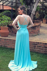 Sexy Flowy Blue Spaghetti Straps Chiffon Prom Dress with Side Slit,20081623-Dolly Gown