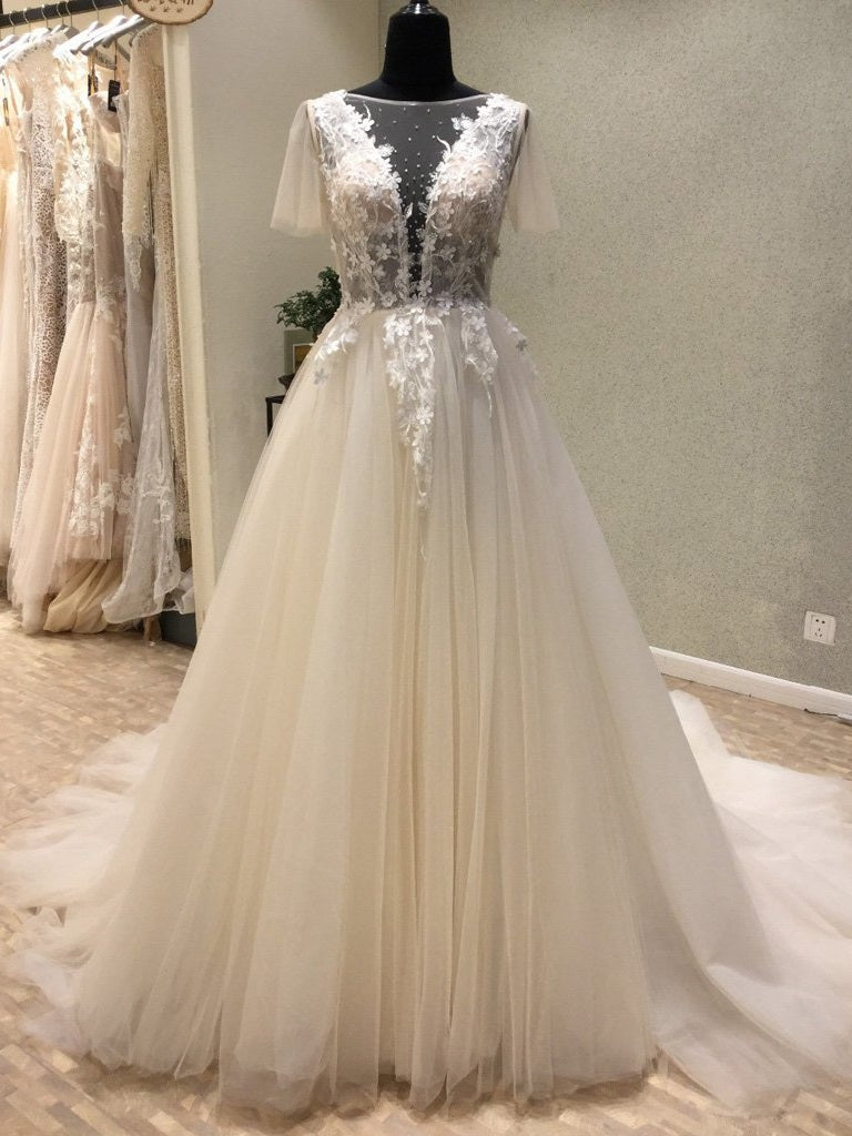 Sexy See Through Floral Tulle Deep V Neck Lace Top Ball Gown Wedding Dress #711069-Dolly Gown