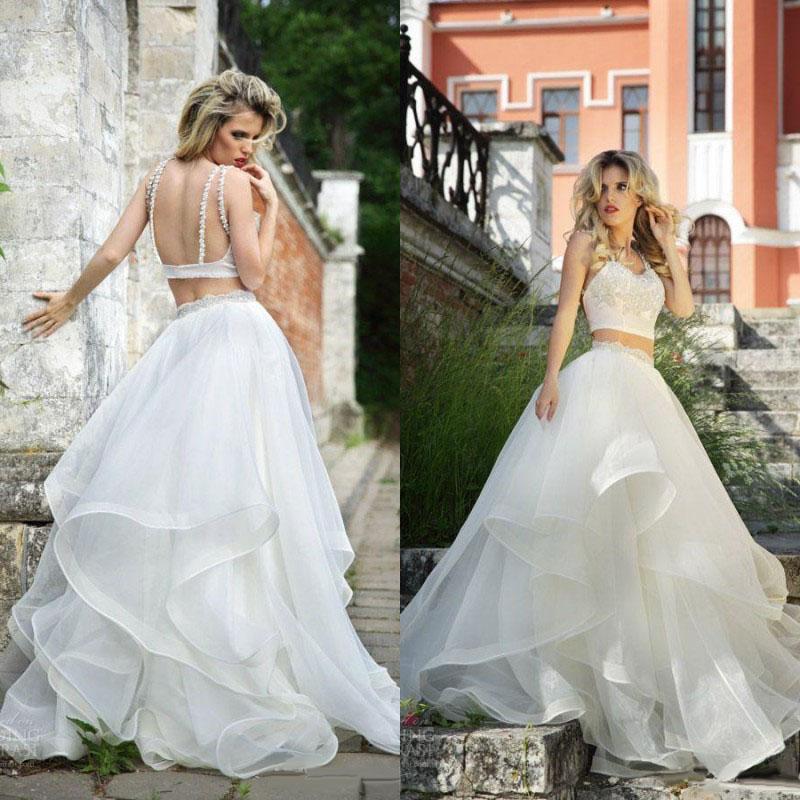 Sexy Crop Top Two Piece Ruffle Wedding Dress Wedding Skirt and Top Two Pieces 20082560-Dolly Gown