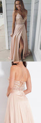 Sexy Delicate Beading Beige Prom Dress Long Formal Dress with Slit,GDC1220-Dolly Gown