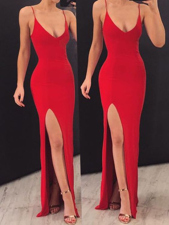 Sexy Tight Side Slit Bodycon Red Evening Dress Prom Dress