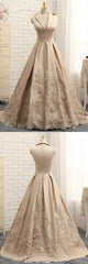 Shawl Collar Champagne Lace Wedding Dress - DollyGown