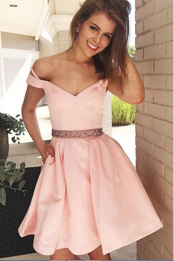 Shop Cute Blush Pink Off the Shoulder Short Prom Dress with Beading Waist Shop Cute Blush Pink Off the Shoulder Short Prom Dress with Beading Waist