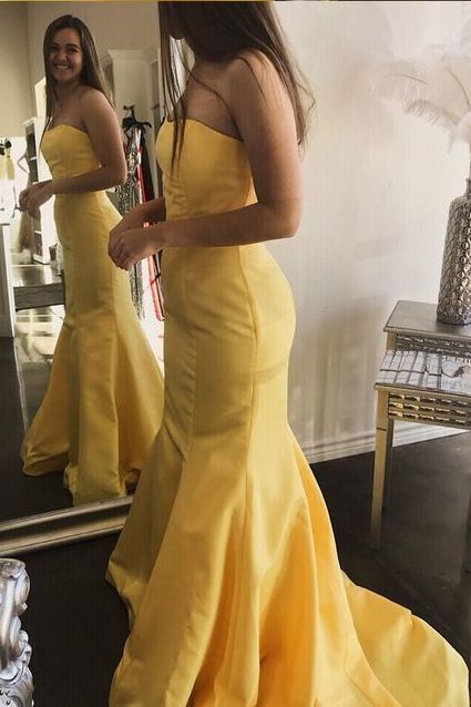 Shop Strapless Mermaid Satin Simple Plain Yellow Prom Dress Long,GDC1322-Dolly Gown
