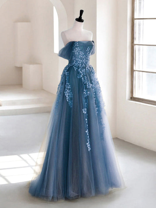 Fairy Dusty Blue Tulle Floral Lace Boho Prom Dress - DollyGown
