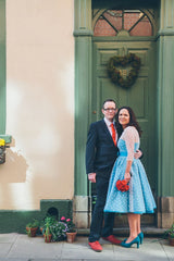 Short Blue Polka Dot Wedding Dress with 3/4 SleevesTea Length Short Vintage Wedding Dress,20110943-Dolly Gown